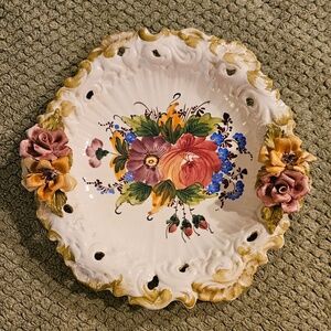 Vintage Italian Ceramic Platter | Ornate Floral 3D Relief | BASSANO styled